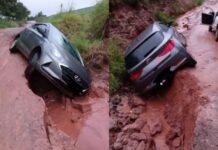 Carros caem em crateras provocadas por temporal em Tejupá