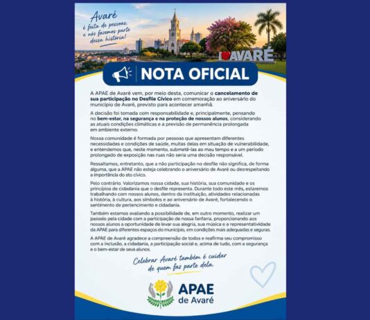 APAE cancela participação no Desfile de 165 anos de Avaré por causa do tempo; Prefeitura não se manifestou sobre realização do evento