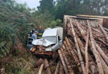 Casal de idosos sobrevive após bitrem carregado com madeira tombar e esmagar carro em vicinal