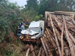 Casal de idosos sobrevive após bitrem carregado com madeira tombar e esmagar carro em vicinal
