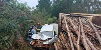 Casal de idosos sobrevive após bitrem carregado com madeira tombar e esmagar carro em vicinal