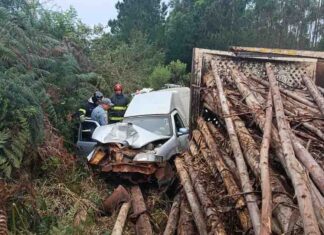Casal de idosos sobrevive após bitrem carregado com madeira tombar e esmagar carro em vicinal